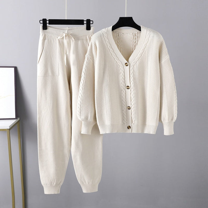 Women Clothing Autumn Winter Knitting Two Piece Twist Cardigan Solid Color Suit Sweater Women