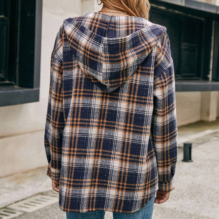 Loose Casual Long Sleeves Single-Breasted Plaid Hooded Jacket Coat Dovetail Plaid Shacket Jacket for Women