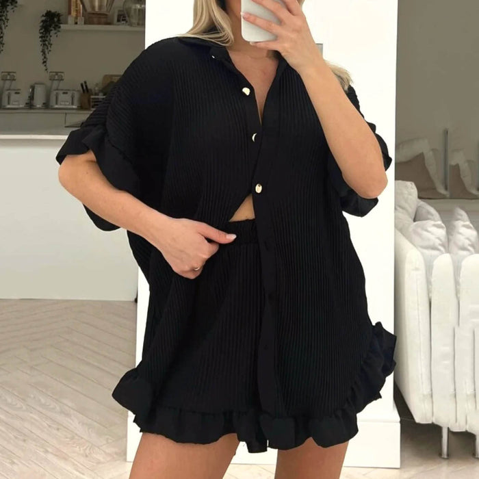 Shorts Short Sleeved Shirt Two Piece Women  Loose Pleated Wooden Ear Casual sets