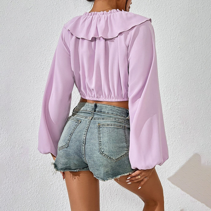 Spring Summer Women Clothing Ultra Short Ruffled Collar Puff Sleeve Exposed Cropped Women Shirt Long Sleeve Top