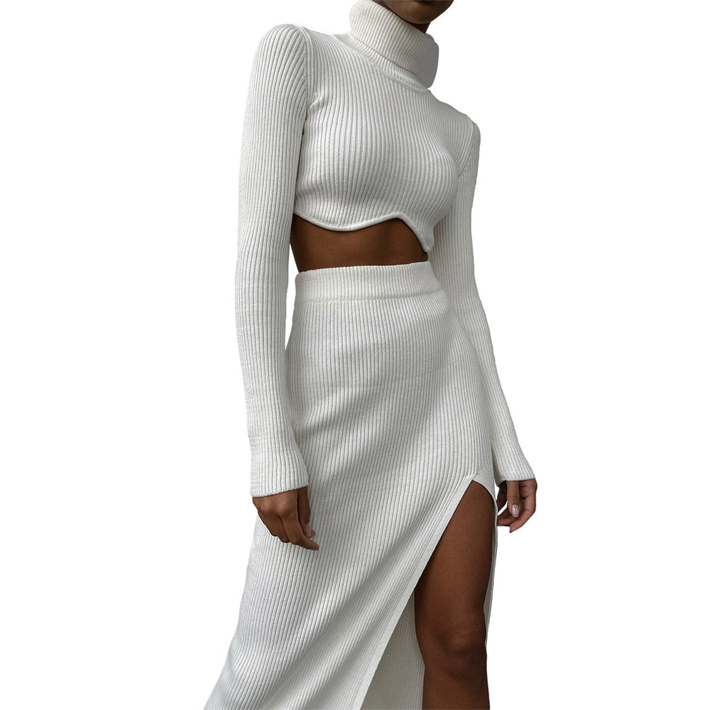 Women Clothing Autumn Winter Thread Turtleneck Irregular Asymmetric Skirt Slit Slim