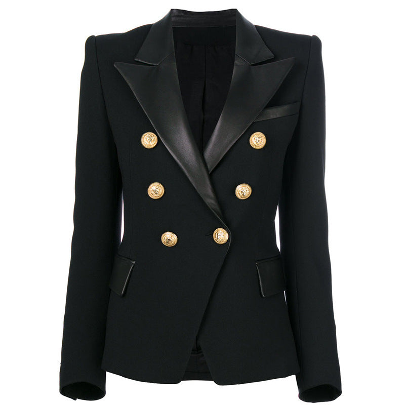 Double Breasted Slim Leather Stitching Collar Blazer