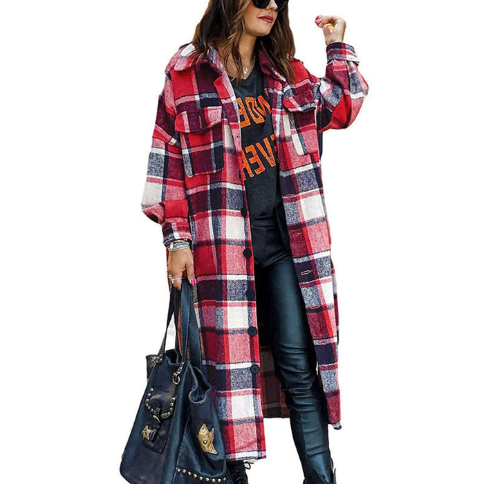 Autumn Winter Long Trench Coat Side Slit Collared Slim Women Woolen Plaid Coat