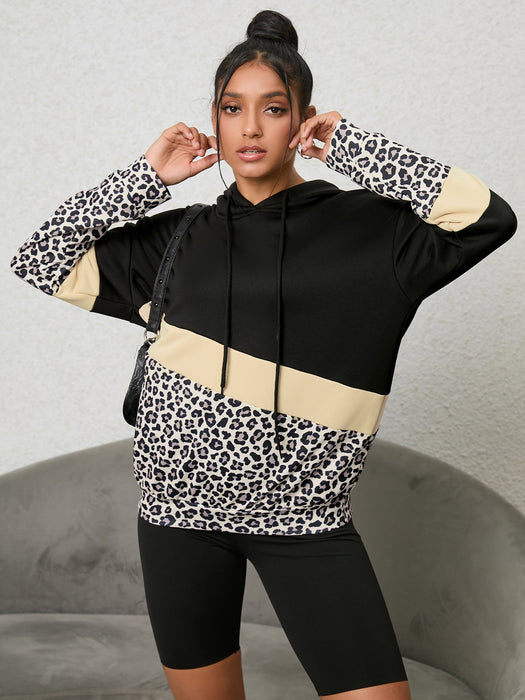 Autumn Winter Popular Leopard Print Three Color Stitching Hooded Long-Sleeved Sweater Women