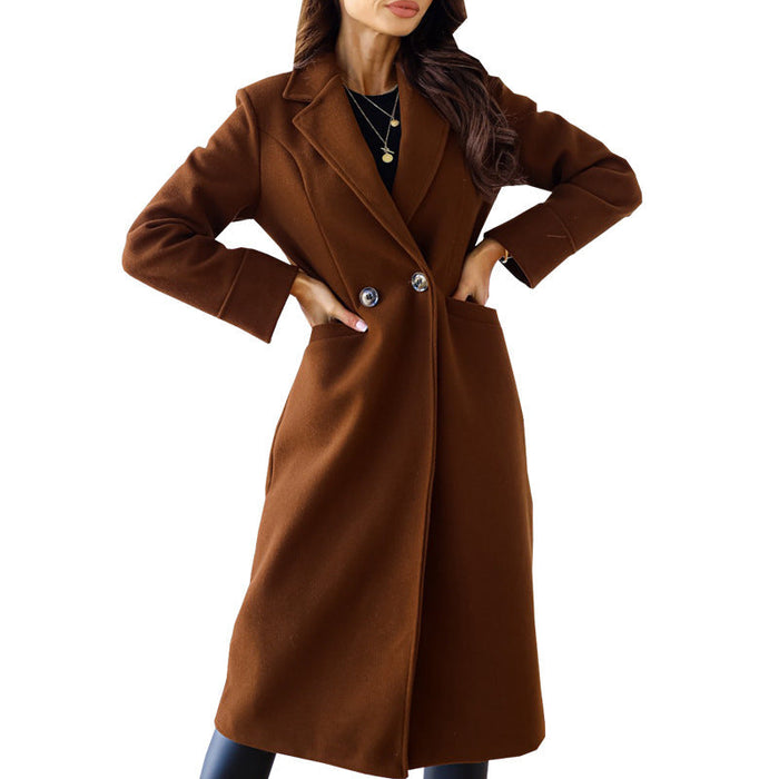 Autumn Winter Women Clothing Simple Solid Color Double Breasted Long Sleeve Collared Button Woolen Coat