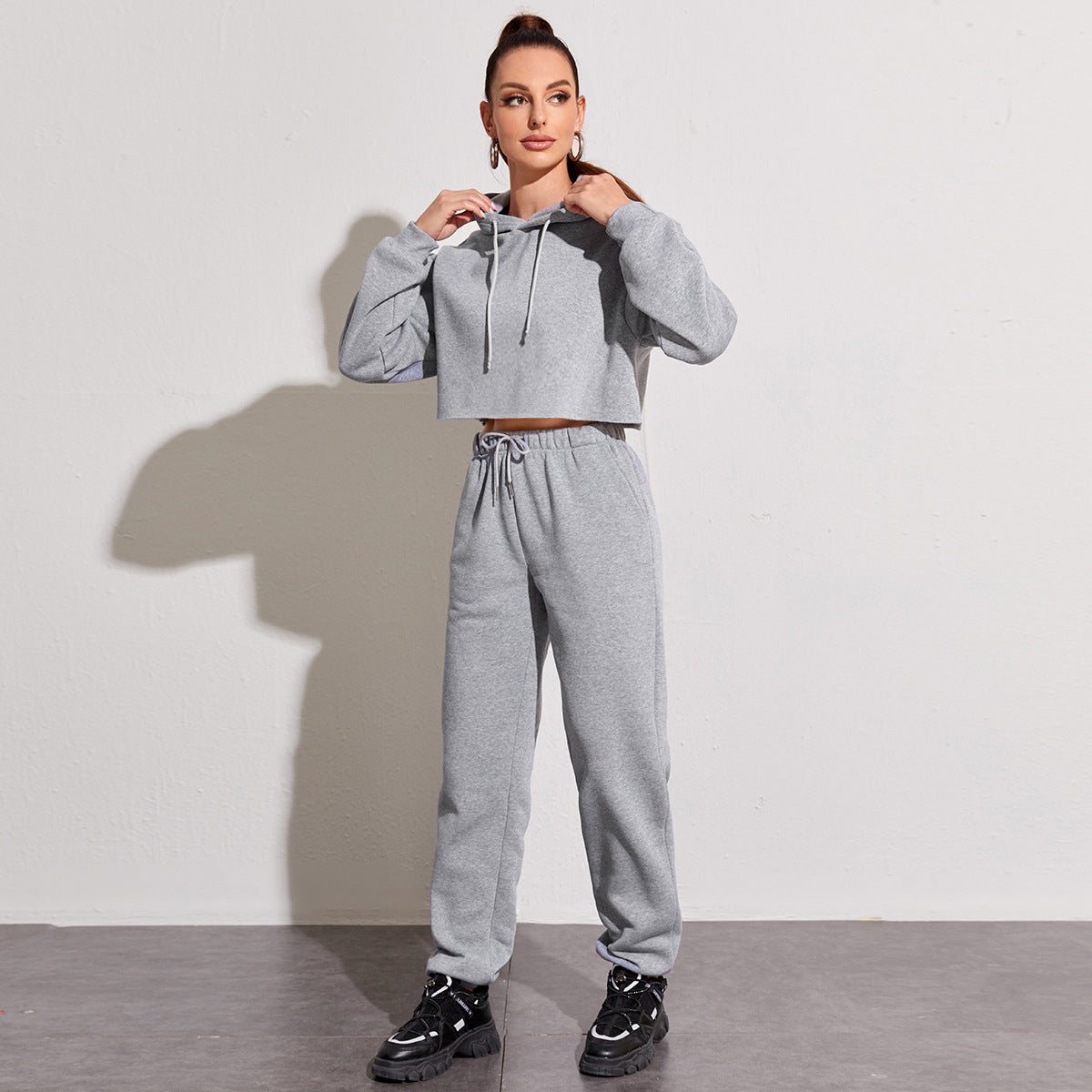 Autumn Winter Fleece Lined Long-Sleeved Short Sweater Women cropped Hooded Fleece Shirt Women Solid Color Straight Leg Pants Suit