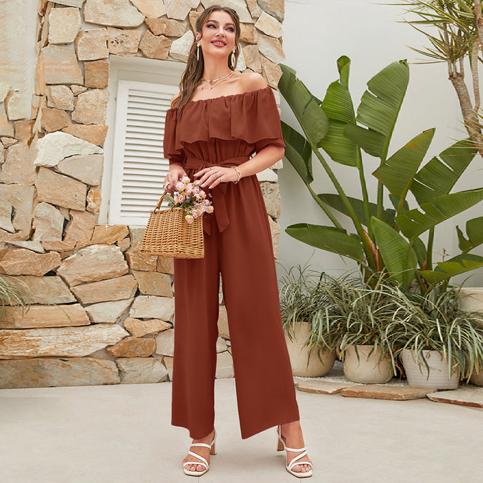 Women Clothing Summer Casual off Shoulder Ruffle Sleeve Lace up Cropped Wide Leg Pants