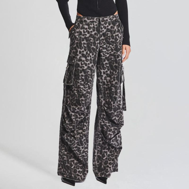 Autumn Vintage Leopard Print Printed Multi Pocket Decorative Design Cargo Jeans Women Trousers