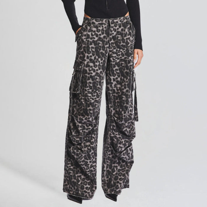 Autumn Vintage Leopard Print Printed Multi Pocket Decorative Design Cargo Jeans Women Trousers