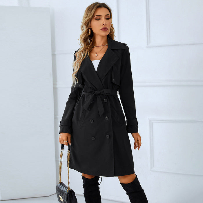 Women Clothing Spring Autumn Belt Deep V Plunge Plunge neck Slim Fit Slim Fit Woolen Coat