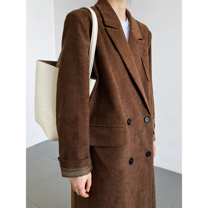 Corduroy Blazer Women Mid Length over the Knee Spring Autumn British High Sense Woolen Coat