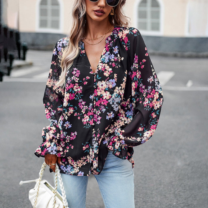 Design Long Sleeved Shirt Women Autumn Elegant Floral Shirt