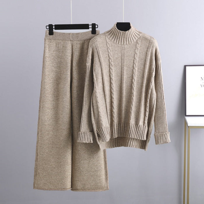 High End Mock Neck Sweater Wide Leg Pants Suit for Women Autumn Winter Younger Knitted Two Piece