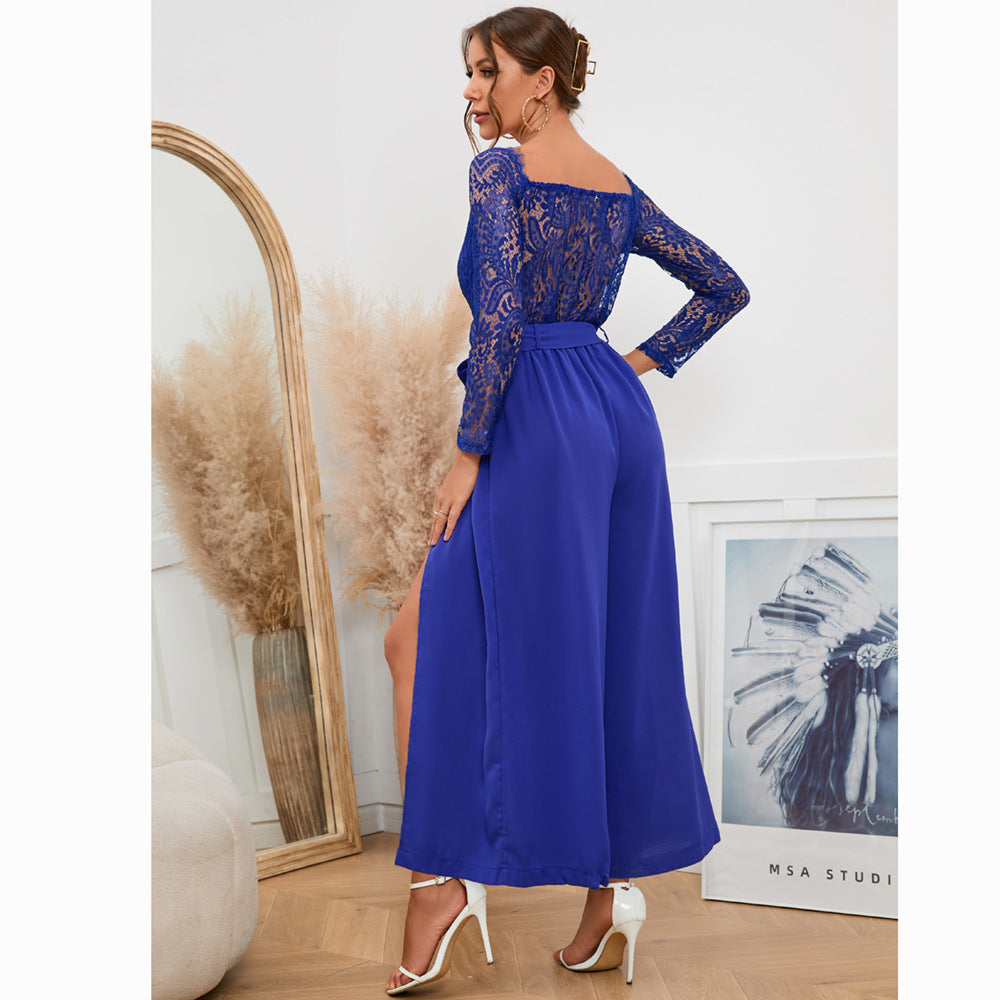 Autumn Women Sexy Lace Long Sleeve off the Shoulder Large Swing Belt One Piece Culotte plus Size