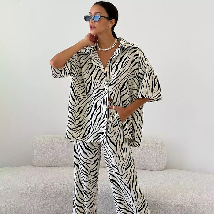 Satin Zebra Striped Women Summer Short Sleeve Shirt High Waist Trousers Two Piece Set