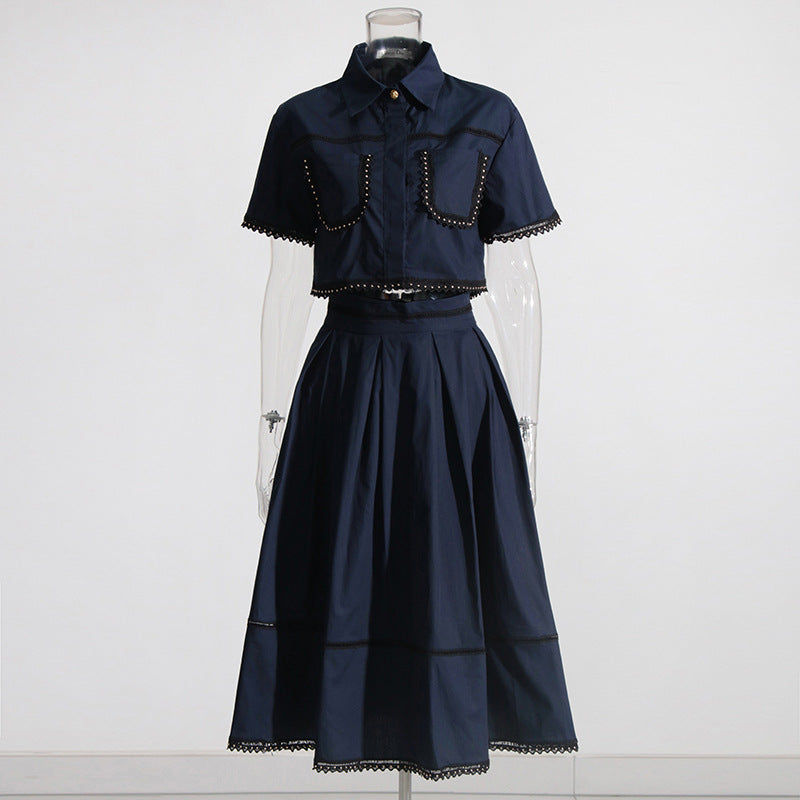 French Elegant Collared Ruffled Short Sleeves Shirt High Waist Midi A  line Skirt Two Piece Set