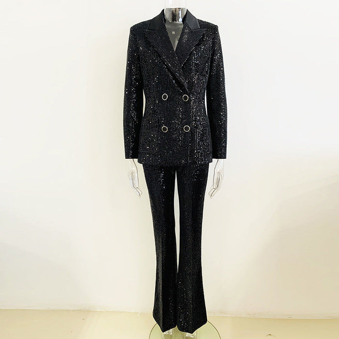 Goods Gold Velvet Sequined Double Breasted Blazer Slim Fit Skinny Pants Suit