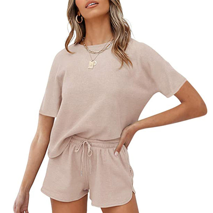 Rib Short-Sleeved Home Wear Solid Color Casual Two-Piece Pajamas Suit