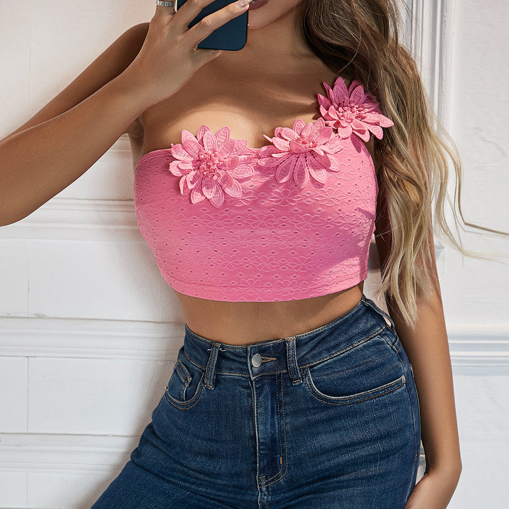Elegant Three Dimensional Floral Single-Shoulder Suspender Top Niche Casual All Match Sexy Short Cropped Tank Top Women