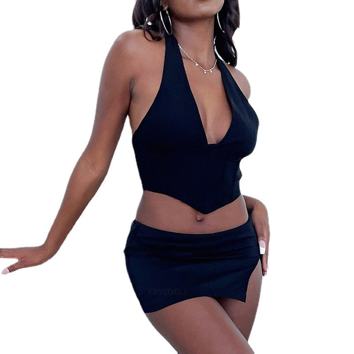 Summer New Skirt Set Women Clothing Sexy Halter Sleeveless Sling Irregular Asymmetric Slit Hip Skirt