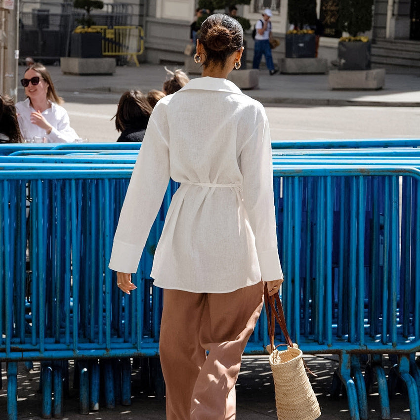Autumn White Cotton Linen Long Sleeved Lace up Shirt Sense Women Commuting Wear