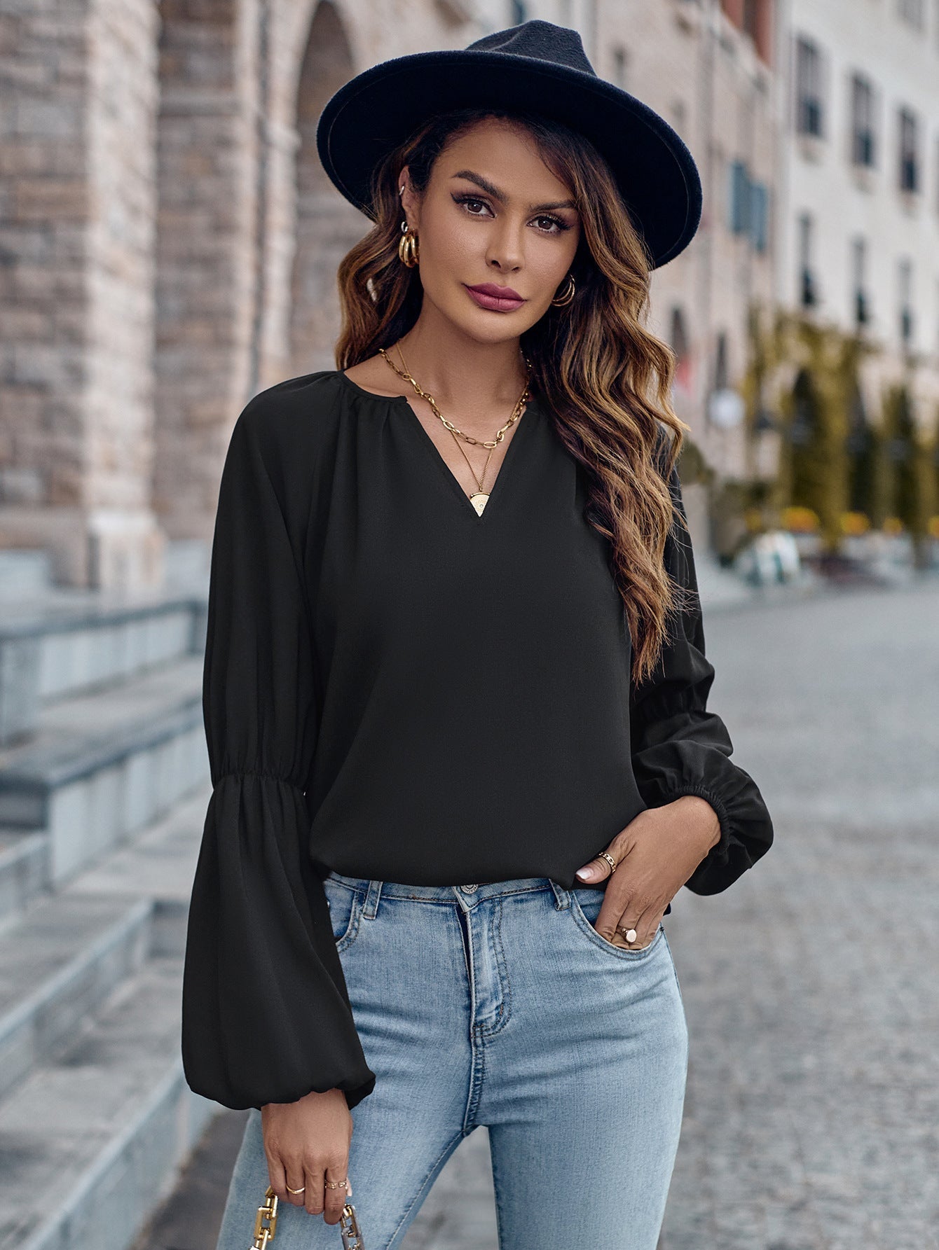 Women Clothing Solid Color V neck Loose Casual Autumn Winter Women Top