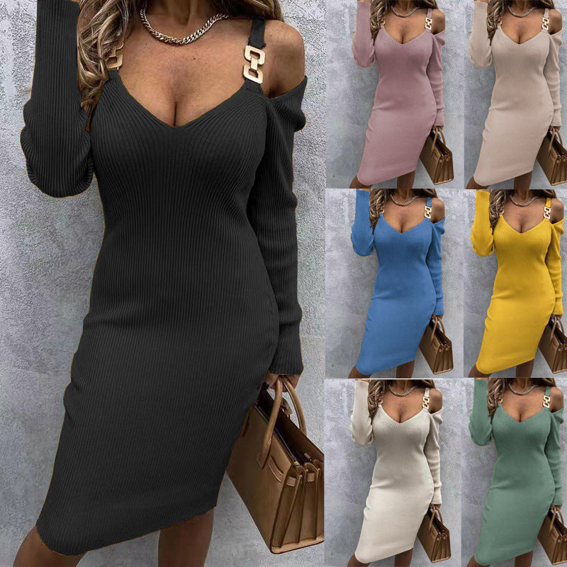 Autumn Women Thread Waist-Controlled Long Sleeves Knitted Sheath Dress