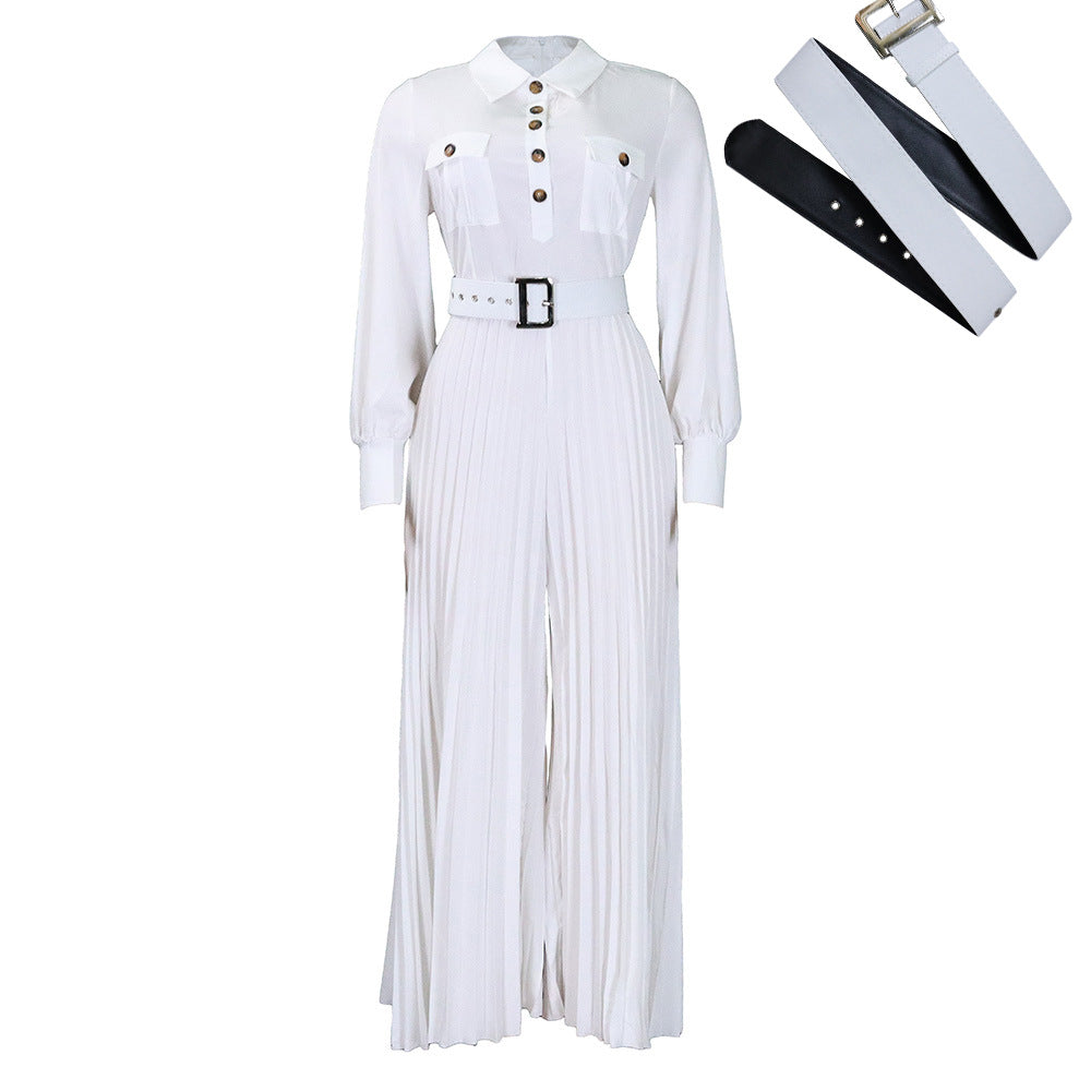 Belt Women Clothing Spring Summer Long Sleeve Casual Loose Pleated Wide Leg Jumpsuit