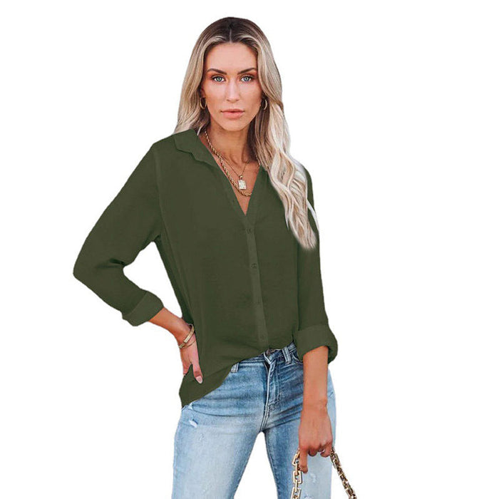 Women Clothing Autumn Winter Casual Loose Long Sleeve Buckle V neck Shirt Top