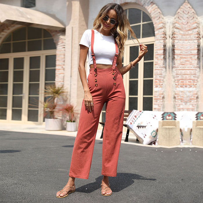 Summer Casual Women Wear Solid Color Loose Cotton Linen Straight Suspender Pants