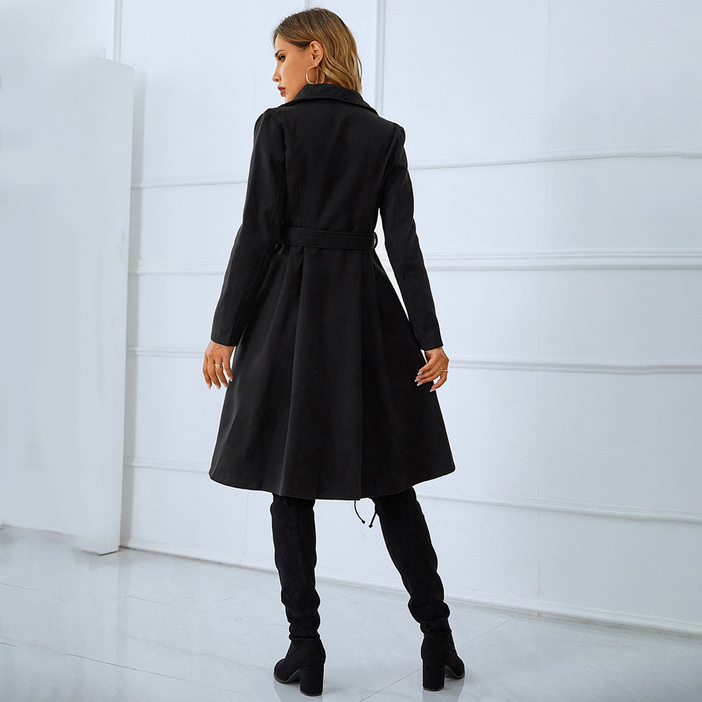 Winter Women Clothing Double Breasted with Belt Long Sleeve Woolen Black Overcoat Jacket