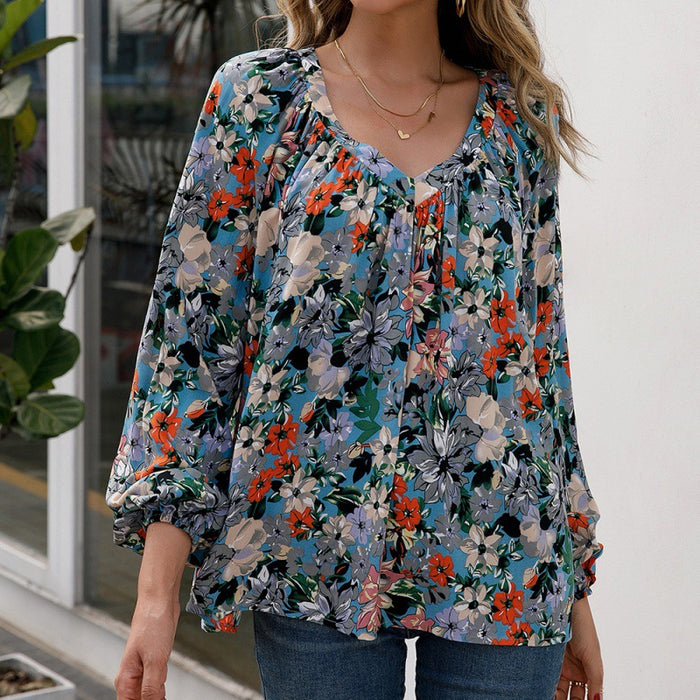 Loose Casual Floral Long Sleeved V neck Shirt Estampado Floral Shirt Top for Women