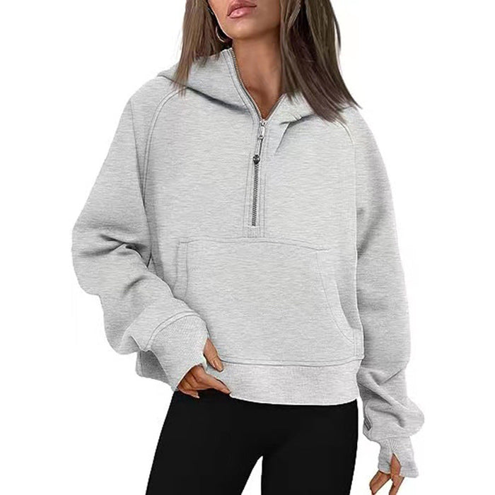 Autumn Winter Women Scuba Sports Half Zipper Yoga Clothes Loose Short Hood Fleece Lined Sweater Sweater