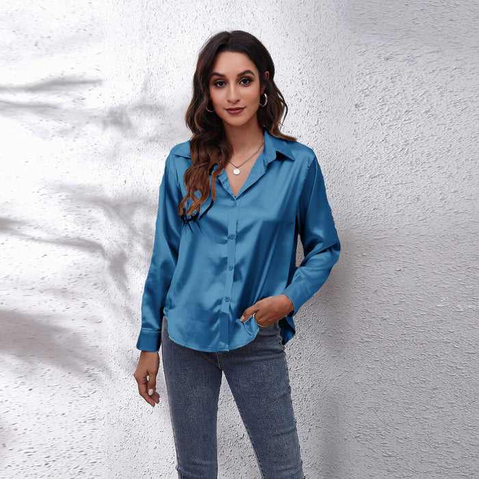 Satin Shirt Women Satin Artificial Silk Long Sleeve Shirt