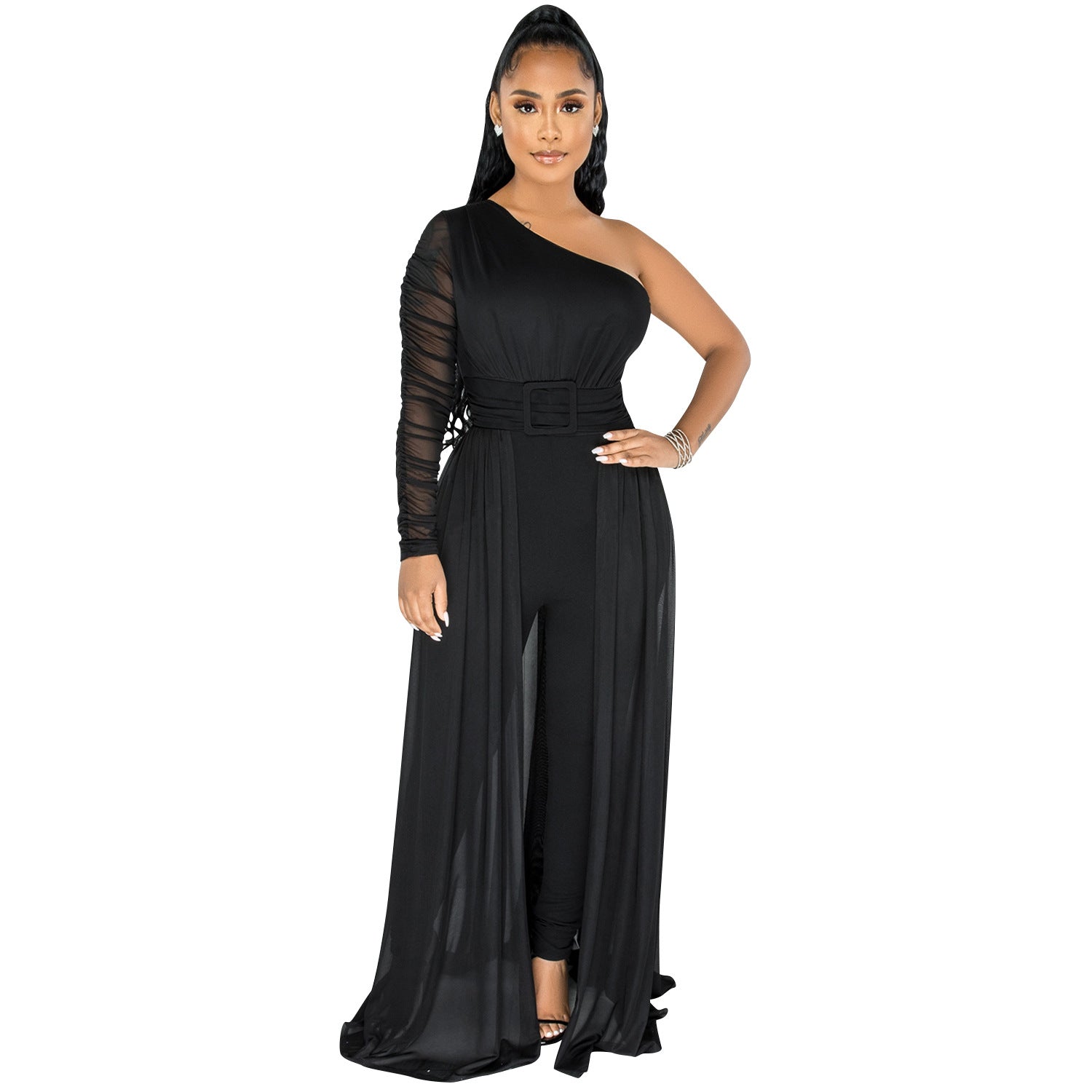 Solid Color Sexy Mesh See-through One Shoulder Diagonal Collar Long Sleeve Trousers Jumpsuit Women