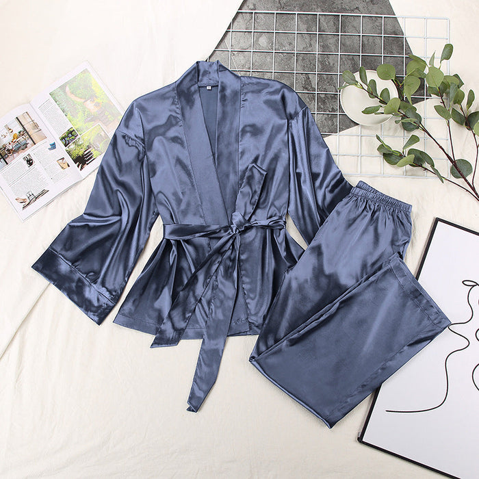 Spring Satin Long Sleeve Cardigan Lace up Nightgown Set Women  Home Loose Trousers Pajamas Set