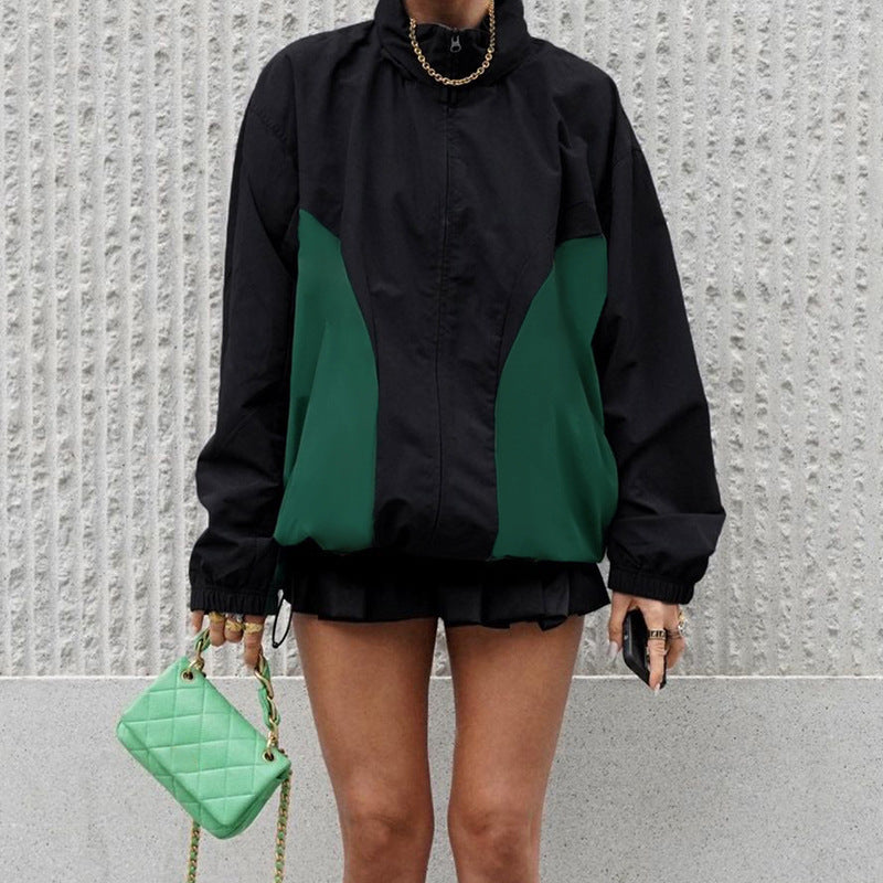 Fall Stitching Contrast Color Half Turtleneck Long Sleeve Zipper Loose Basic Windbreaker Jacket Women