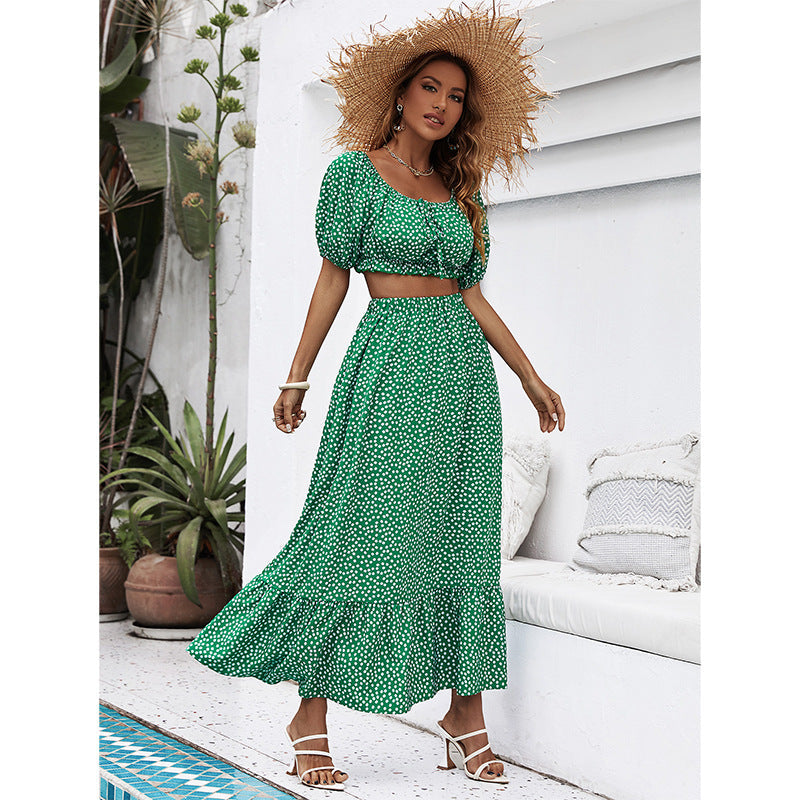 Self Developed Popular Summer Green Puff Sleeve Square Collar Cropped Exposed Skirt Set