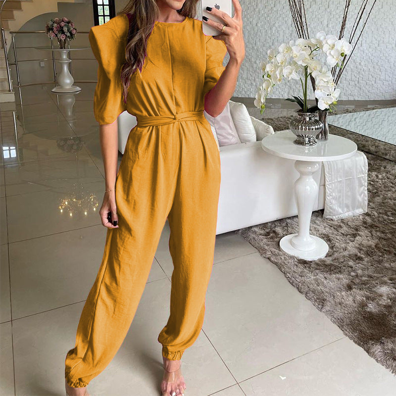 Spring Women Crew Neck Half Sleeve Solid Color Skinny Jumpsuit