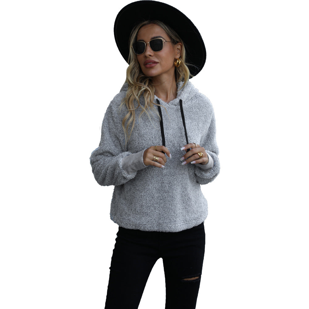 Autumn Winter Furry Coat Women Hooded Loose Cationic Pocket Pullover Long Sleeve Sweater