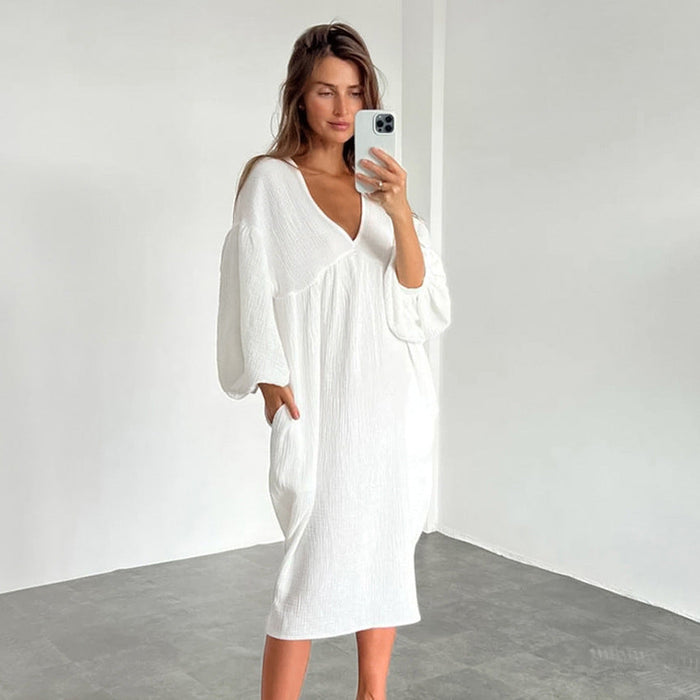 Autumn Double Layer Gauze Cotton V-neck Loose Lantern Sleeve Skin Friendly Pure Cotton Confinement Clothing Ladie Homewear Pajamas