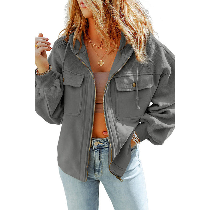 Early Autumn Solid Color Loose Zip Jacket Women Casual Pocket Drawstring Long Sleeve Coat Women