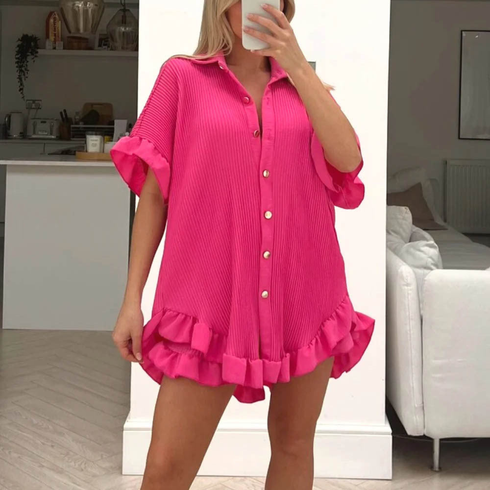 Shorts Short Sleeved Shirt Two Piece Women  Loose Pleated Wooden Ear Casual sets