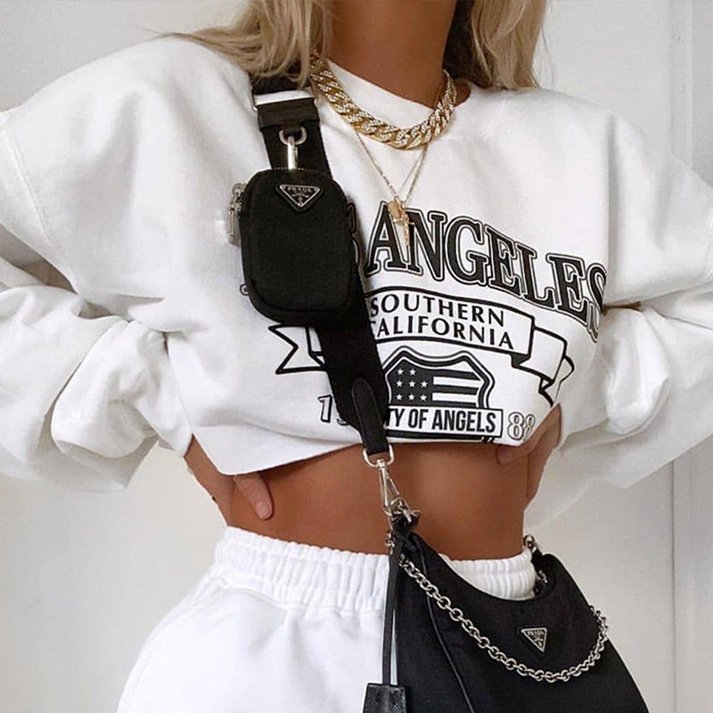 Fall Women Clothing Letter Graphic Crew Neck Short Navel-Exposed Loose Sweater