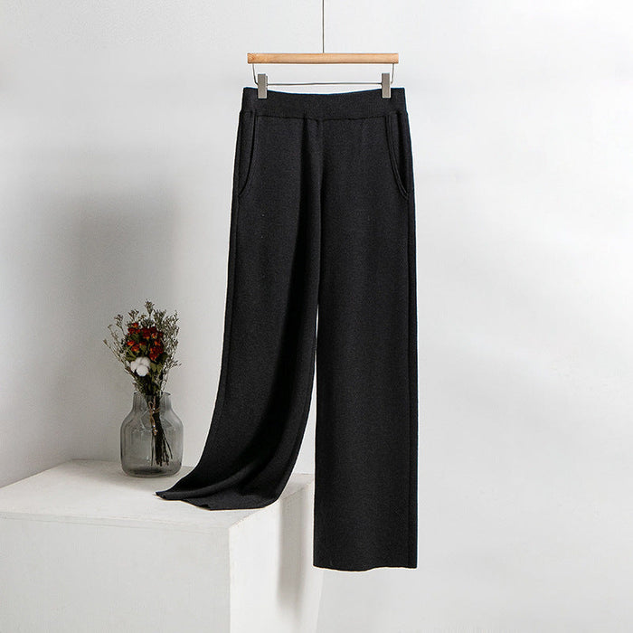 Knitted Trousers Autumn Solid Color Pocket Smart Trousers Women Loose Wide Leg Pants Straight Woollen Trousers Women