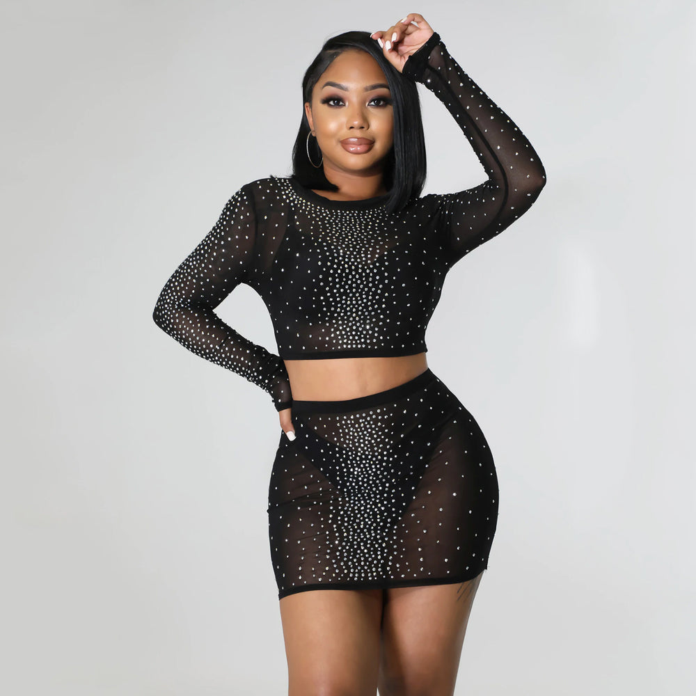 Summer Women Clothing Sexy Mesh Drilling See through Long Sleeve Short Dress Two Piece Set