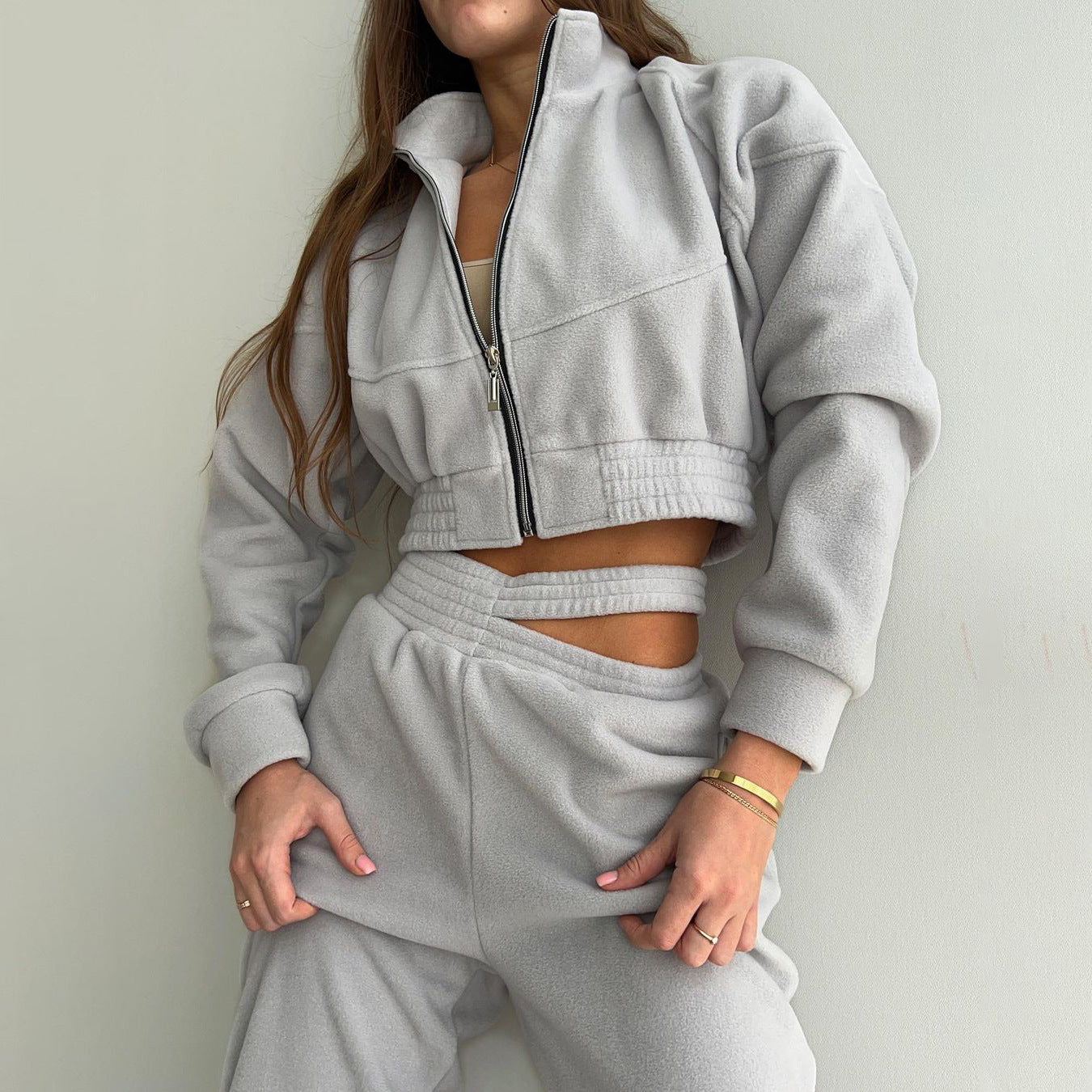 Women Clothing Sexy Double Pants Sweater Suit Two Piece Collared Zipper Coat Personalized Ankle Tied Trousers