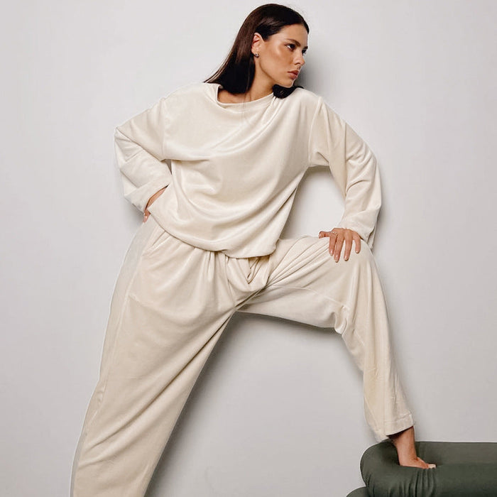 Velvet Solid Color Warm Keeping Comfortable Wide Leg Pants Set Pajamas Winter Women Homewear Can Be Worn outside