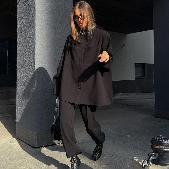 Casual Suit Women Clothing Autumn Winter Long Sleeve Black Loose Shirt Straight Leg Pants Two Piece Set