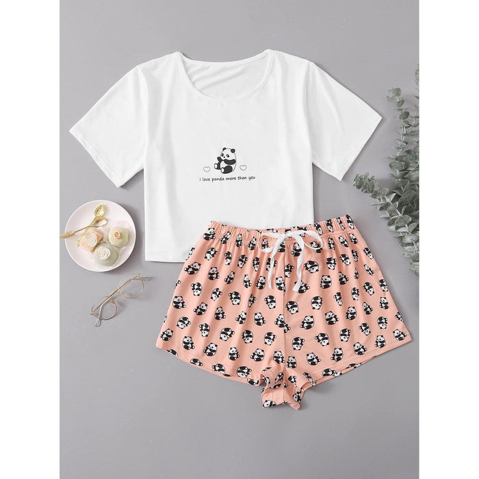 Home Wear Panda Printing Cropped Short Sleeve Top Shorts Two Piece Set Pajamas Suit Pajamas